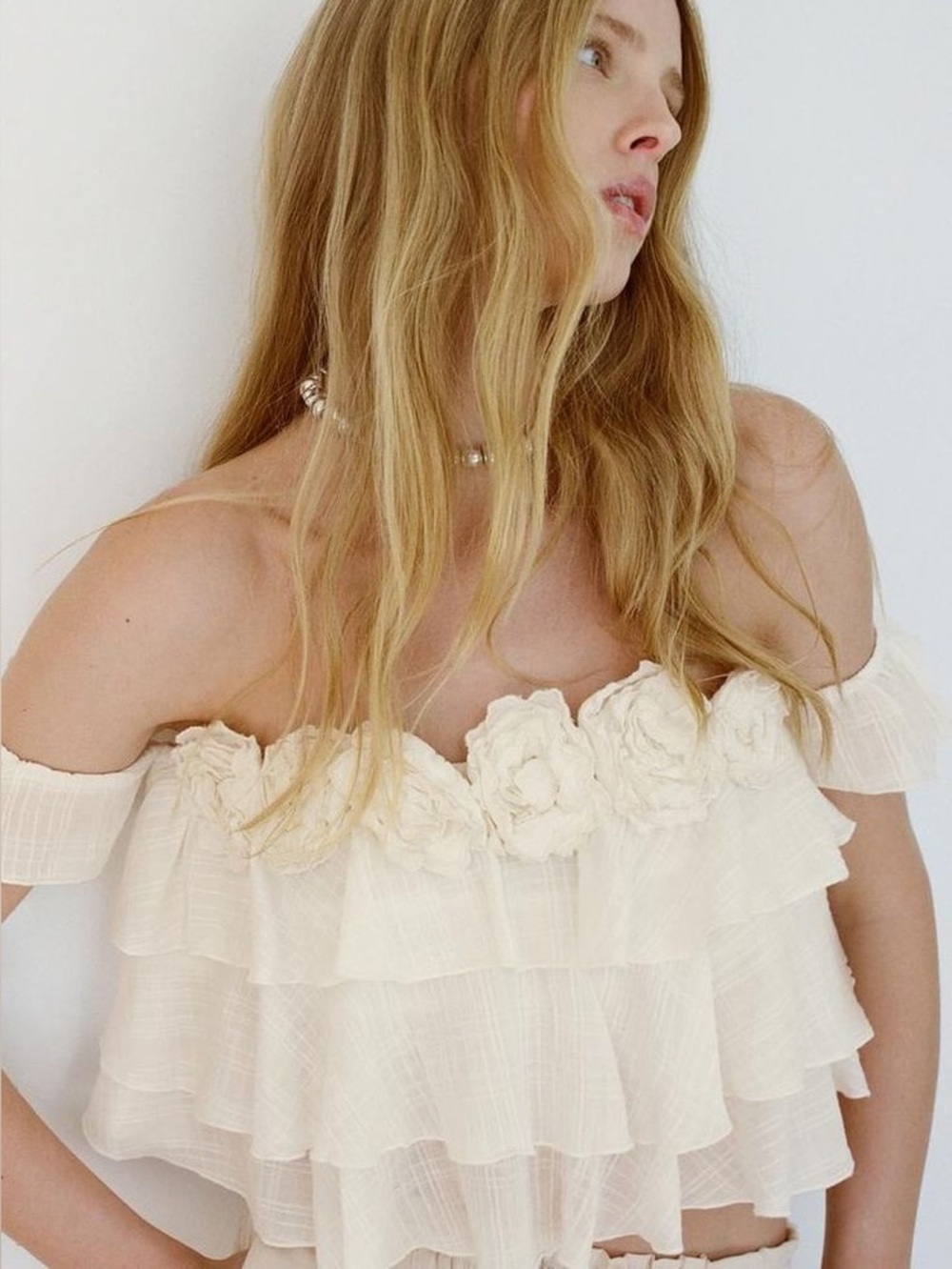 Zara Off-Shoulder Cream Ruffled Floral Crop Top